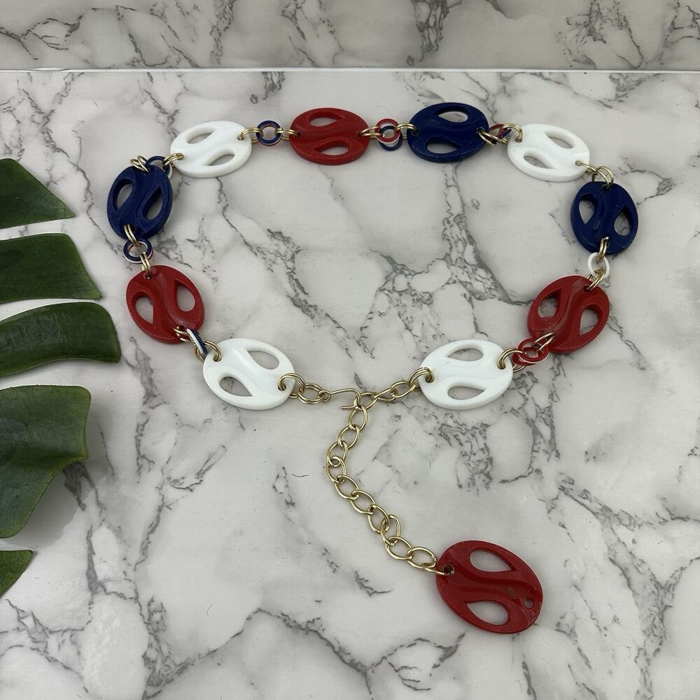 Womens Vintage 80s Chain Waist Belt Size M Red Blue Geometric Nautical